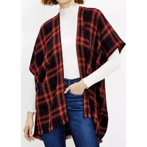 Loft Poncho Wrap Sweater Medium / Large Burgundy Blue Orange Plaid NWOT Bohemian - Picture 3 of 9